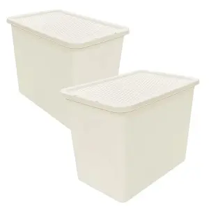 3 x Large Cream Stackable 80 Litre Plastic Rattan Storage Containers With Lids