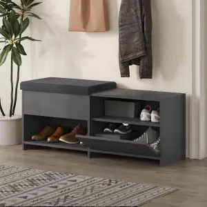 Decortie Modern Filux Shoe Bench Rack Anthracite Sliding Fabric Seat and 120.3(W) Storage Cabinet 2-Tier Open Shelves Hallway