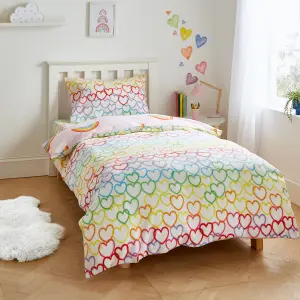 Catherine Lansfield Bedding Rainbow Hearts Cosy Fleece Reversible Duvet Cover Set with Pillowcase Pink