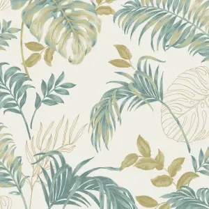 Grandeco Allison Palm Leaf Foliage Blown Vinyl Wallpaper, Neutral Green