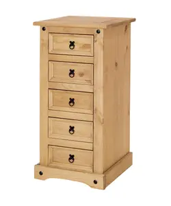 Corona 5 Drawer Narrow Chest of Drawers Tallboy Mexican Solid Pine