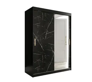 Elegant Black Geneva T2 Sliding Door Wardrobe W1500mm H2000mm D620mm - Mirrored Door, Gold Handles, Ample Storage