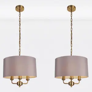 First Choice Lighting Pair of 3 Light Antique Brass Pendant Chandelier with Grey Fabric Shade