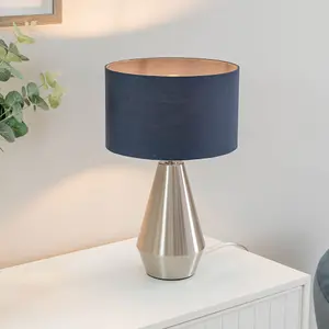 ValueLights Jax Silver Metal Touch Dimmer Table Lamp with Navy Blue Drum Shade