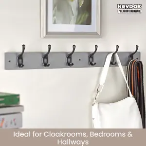 keypak 6 Matte Black Coat Hooks on Grey Wooden Board - 68cm Modern Wall Mounted Coat Rack Clothes Hanger