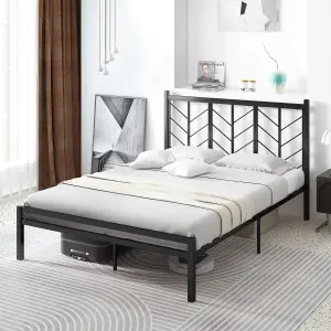 COSTWAY Metal Platform Bed w/ Branch-shaped Headboard Bed Frame King Size