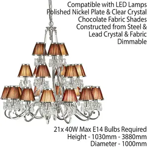 Esher Ceiling Pendant Chandelier Nickel Crystal & Brown Shades 21 Lamp Light