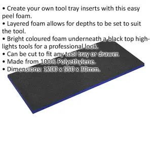 1200 x 550 x 30mm Blue Easy Peel Foam for Tool Chest and Flight Case