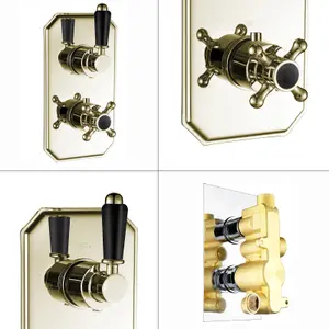 ENKI Regent English Gold Black Traditional Crosshead Single Outlet Brass Thermostatic Twin Shower Valve TSV039