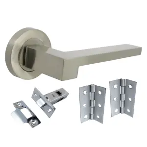 UNO-3 Door Handle Modern Satin Nickel Lever on Rose Internal Handles + 64mm Latch & Hinges