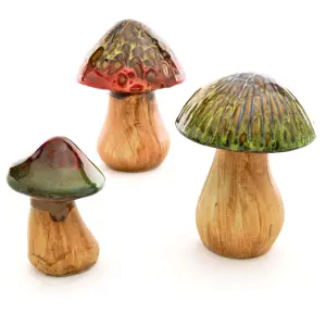 3 x Decorative Toadstool Ornaments - Indoor Outdoor Hand Finished Ceramic Glazed Mushroom Decorations - One of Each H16, 14 & 10cm