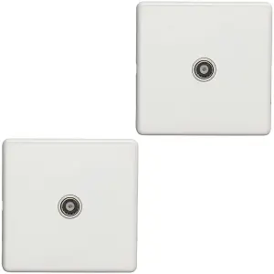 2 PACK 1 Gang Single TV Coaxial Aerial Socket SCREWLESS MATT WHITE Wall Plate