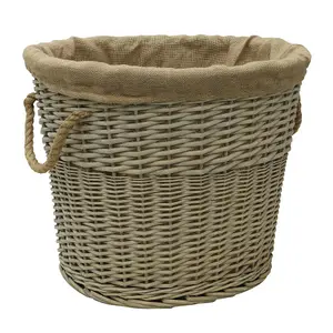 JVL Antiques Wash Canvas Lined Oval Log Basket with Rope Handles