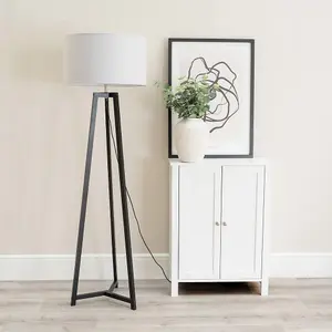 ValueLights Lottie Black Wood Tripod Floor Lamp with Grey Drum Shade