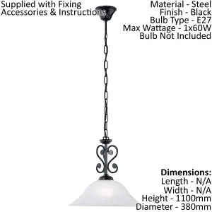 Pendant Ceiling Light Colour Black Shade White Glass Alabaster Bulb E27 1x60W