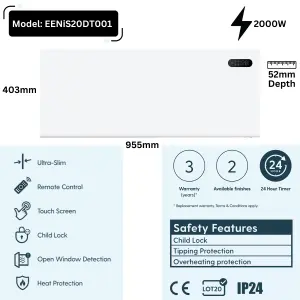 2000W Electric Panel Heater for Home or Office - Wall Mounted or Portable Freestanding with Touchscreen Timer and Thermostat