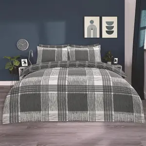 Check Duvet Cover Set Quilt Reversible Tartan Bedding, Grey - Double