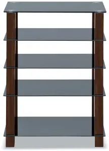 Centurion Supports TRINITY Black 5 Shelf with Walnut Legs Flat Screen TV Rack Glass Stand