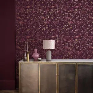 Clarissa Hulse Wild Chervil Damson Pink & Gold effect Smooth Wallpaper