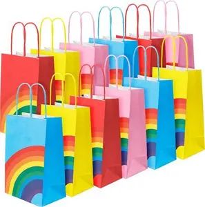 24Pcs Rainbow Party Bags,Party Paper Bags With Handles,5X3.2X8.7 Inch Kraft Bags,Treat Sweet Candy Gift Bags For Kids&Baby,Party Wedding Birthday