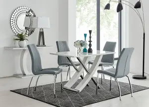 Furniturebox UK Mayfair 4 White High Gloss And Stainless Steel Dining Table And 4 Grey Isco Chairs