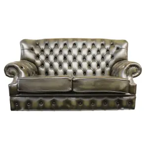 Chesterfield 2 Seater Antique Green Leather Sofa Bespoke In Monks Style