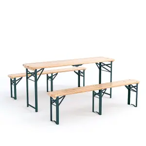 3Pcs Foldable Outdoor Patio Metal Wood Garden Table Bench Set 177cm 6 Seater