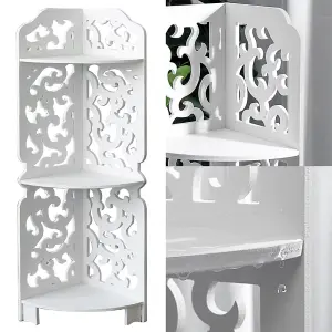 3 Tier Freestanding Corner Bathroom Shelf Carved Shower Storage Organizer Display Rack Shelving Unit White