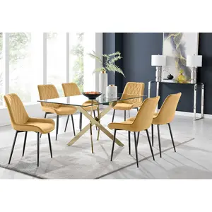 Lenworth Glass Rectangular Dining Table Set with 6 Luxury Velvet Chairs Gold / Mustard/Black