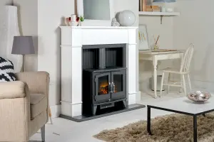 Adam Oxford Stove Fireplace in Pure White with Woodhouse Electric Stove in Black, 48 Inch