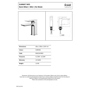 RAK Summit Polished Chrome Modern Basin Sink Mixer Tap Solid Brass