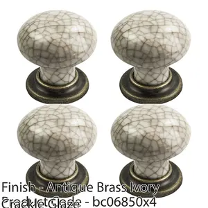 4 PACK - Porcelain Mushroom Cupboard Door Knob 36mm Dia - Antique Brass & Ivory Glaze