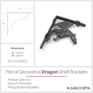 Oakcrafts - Pair of Antique Cast Iron Winged Dragon Shelf Brackets - 125mm x 150mm