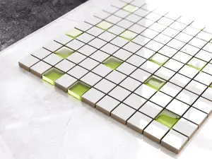 Ceramic mosaic with glass inserts on mesh for bathroom or kitchen 300mm x 300mm - Spring greens