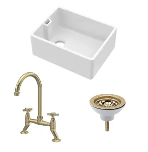 Fireclay Kitchen Bundle - Single Bowl Belfast Sink, Strainer Waste & Bridge Crosshead Tap, 595mm - Brushed Brass - Balterley