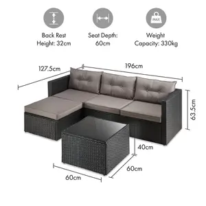 VonHaus Rattan Corner Chaise Sofa Set & Table, 3-4 Seater Corner Garden Sofa Set, Water Resistant Rattan Lounge Set & Cushions