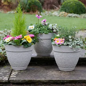 Pack of 3 Floral Design Planters, Texture effect, Standstone Finish H26.5 x 30cm Dia