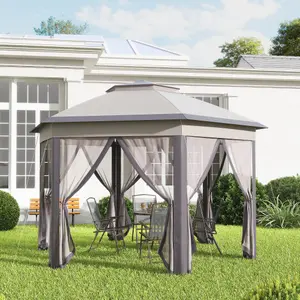 Outsunny 3x4m Hexagon Gazebo w/ Metal Frame Mesh Curtains Outdoor Garden, Beige