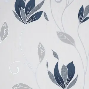 Crown Synergy Floral Navy Silver Leaf Textured Glitter Wallpaper M1716