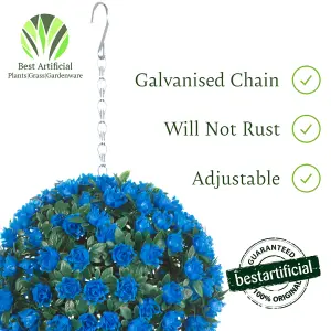 Best Artificial 23cm Blue Rose Topiary Hanging Basket Flower Ball - Suitable for Outdoor Use - Weather & Fade Resistant