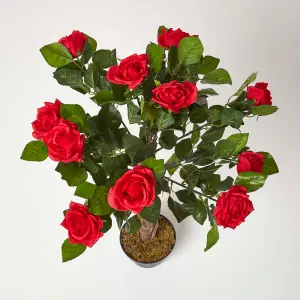 Homescapes Red Potted Rose Tree Artificial Plant with lifelike green leaves and single trunk, 90 cm