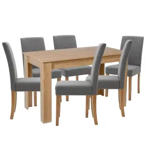 Hallowood Furniture Newquay Oak Fixed Top Table 120cm with 6 Straight Back Grey Fabric Chairs