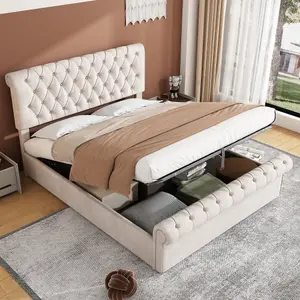 Modern Ottoman Velvet Double Bed Frame 4FT6 Tufted Headboard with Large Under Bed Storage Beige Cream 135x190cm