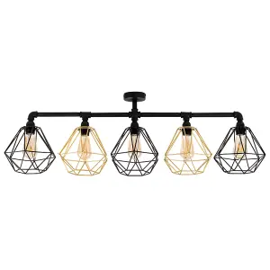 ValueLights Luiggi Industrial 5 Way Satin Black Pipework Ceiling Light with Black and Gold Cage Shades