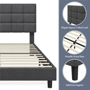 Size Modern Upholstered Bed Frame with Square Tufted Headboard Dark Grey / Double (4'6)