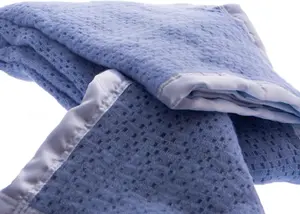 Just So Home Pure Wool Cellular Blanket Lightweight Luxury Satin All-Round Border (Blue, Double)