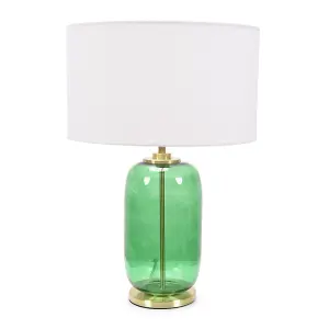 ValueLights Leigh Forest Green Glass and Gold Detail Table Lamp with White Drum Shade Light - LED Bulb Included