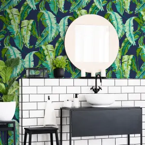 Contour Navy Palm leaves Smooth Wallpaper