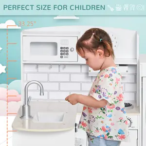 HOMCOM Kids Kitchen Play Kitchen Toy Set for Children w/ Drinking Fountain White