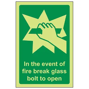 In Event Of Fire Break Glass Bolt To Open Sign - Glow in the Dark - 100x150mm (x3)